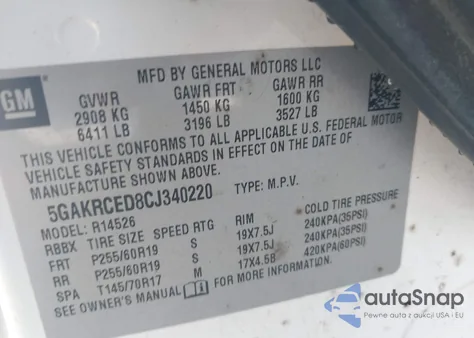 2012 Buick Enclave Leather z USA, uszkodzony, nr VIN 5GAKRCED8CJ340220